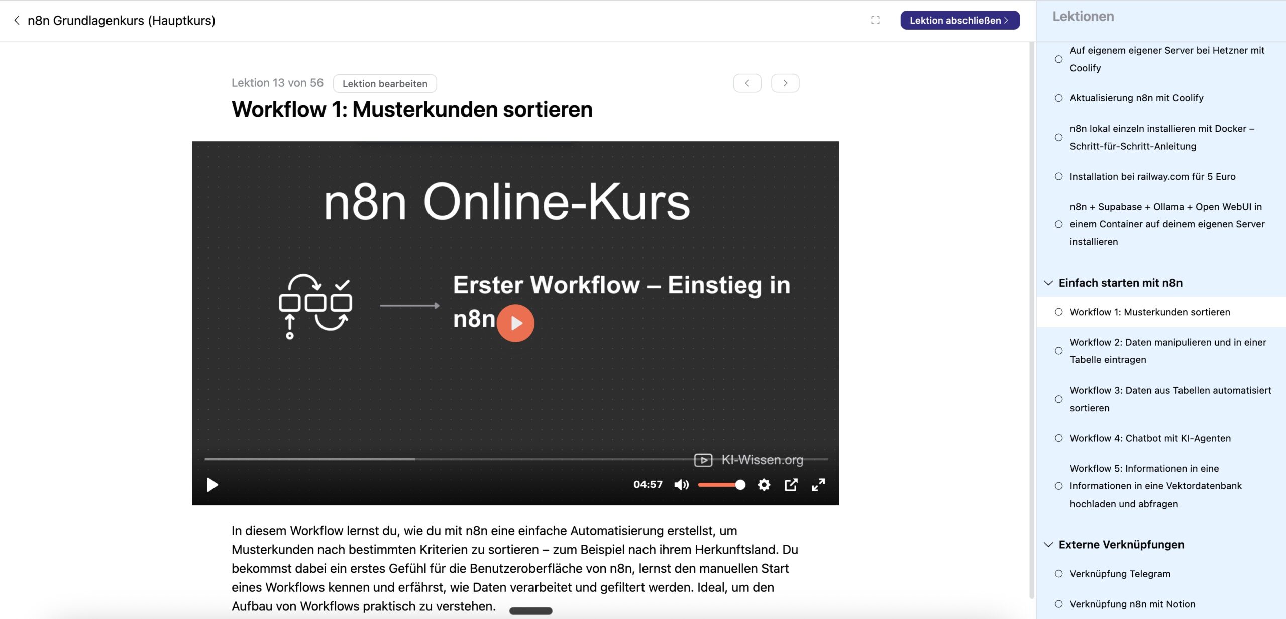 n8n Kurs Dashboard Screenshot